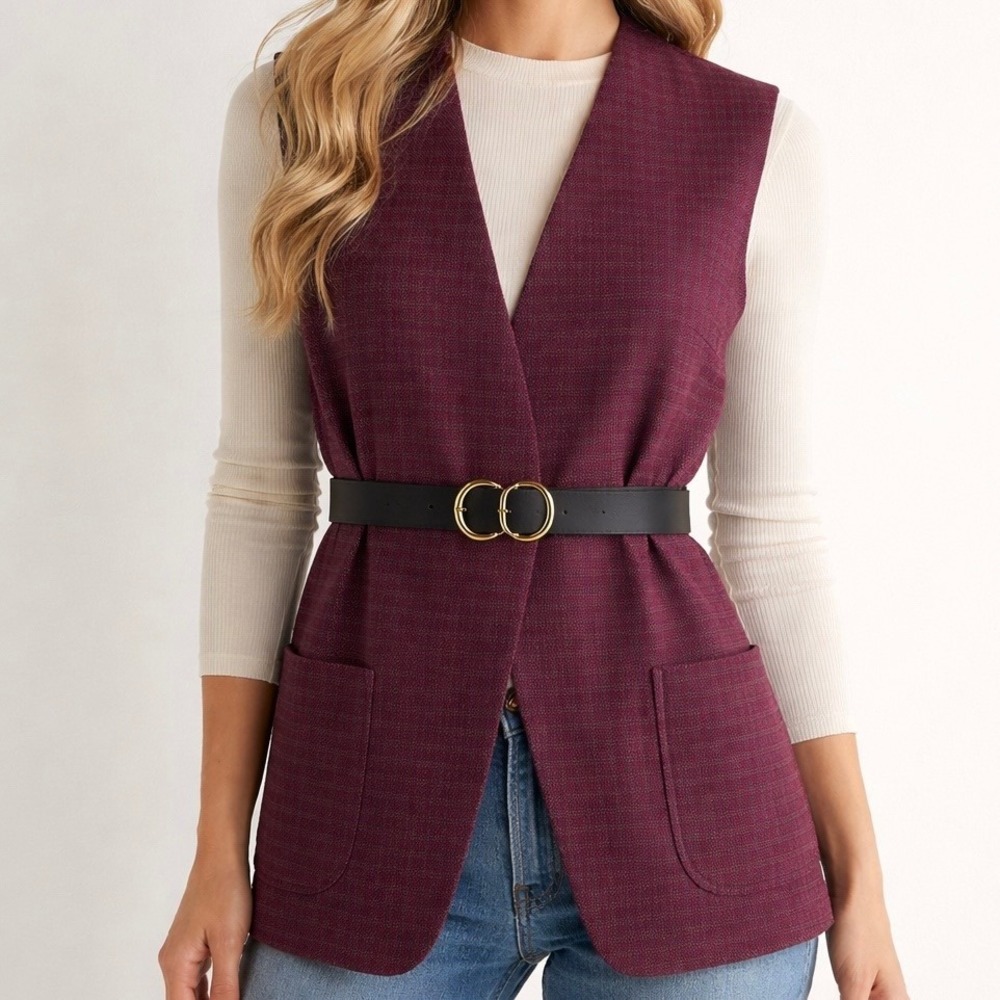 Handmade Mod Tweed Vest Sz M/L Classic Prep 90s Clueless Academia Maroon Check